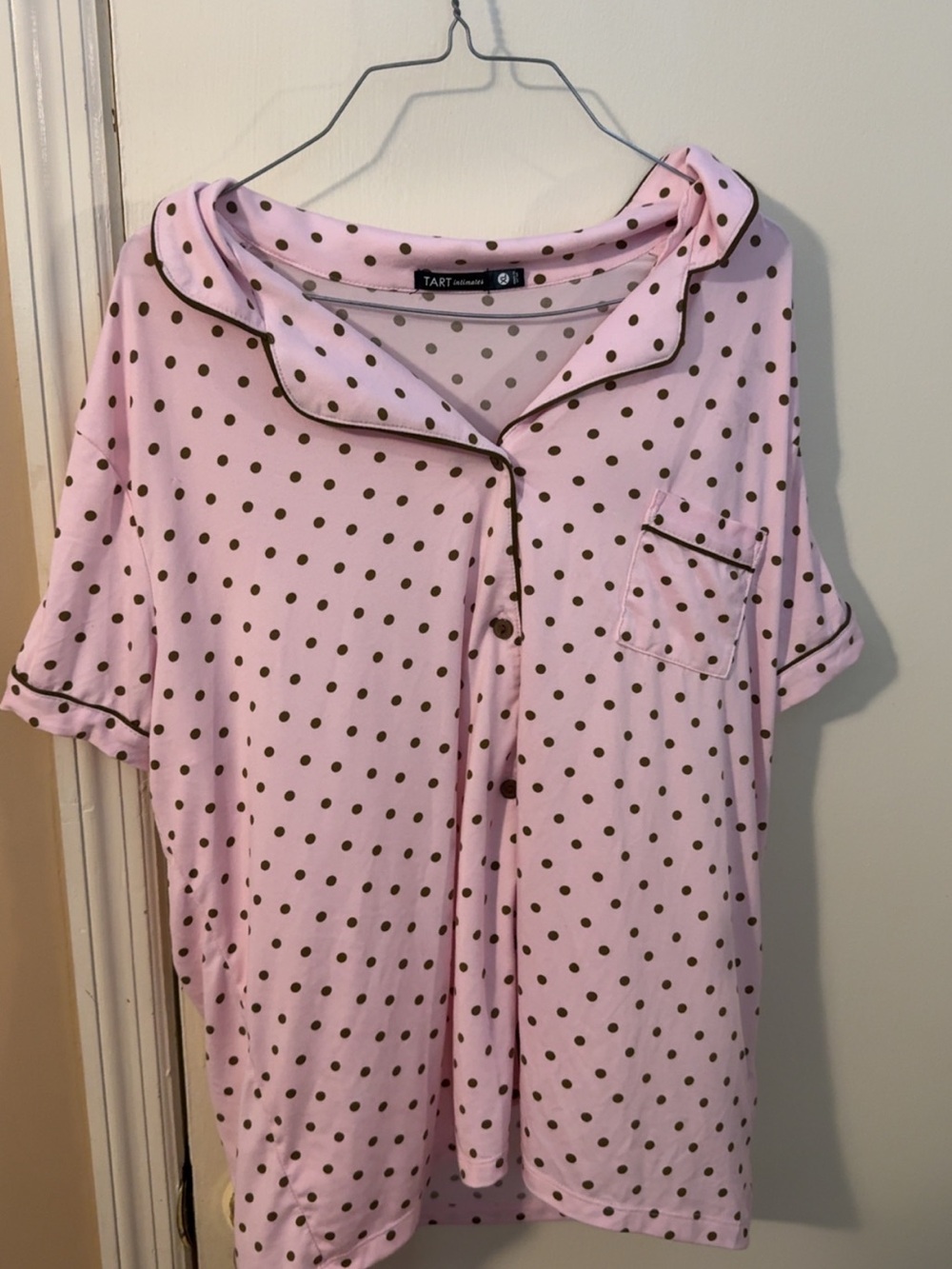 Tart Collections Pink Polka Dot Short-Sleeve Pajama Top with Brown Trim